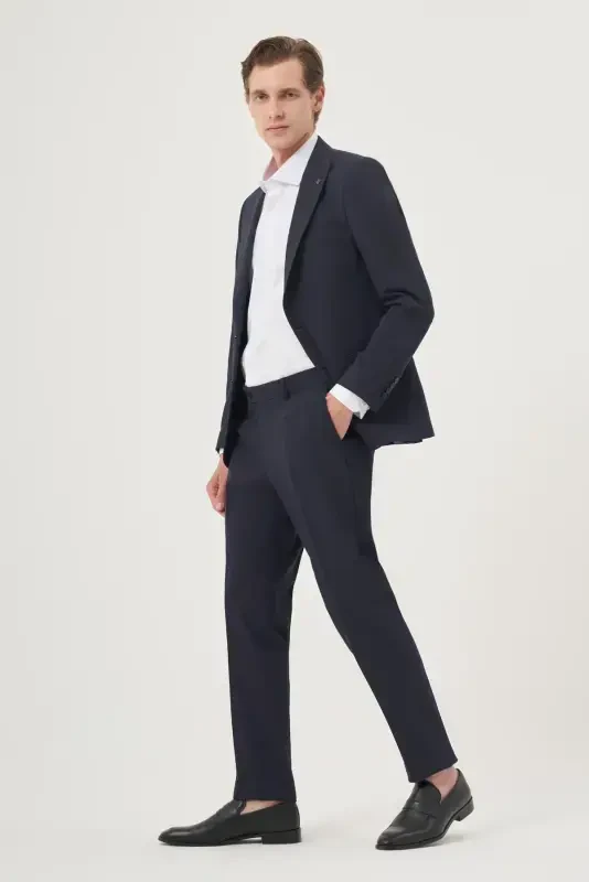 Modazone Men's Navy Blue Polyviscose Basic Plain Slim Fit Pointed Collar Suit - 2