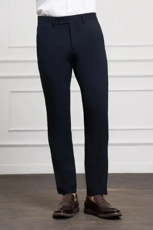 Modazone Men's Navy Blue Polyviscose Basic Slim Fit Narrow Cut Classic Trousers - 1