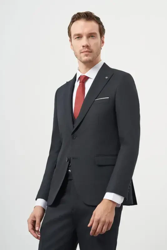 Modazone Men's Navy Blue Polyviscose Basic Vested Jacquard Pattern Slim Fit Pointed Collar Suit - 1