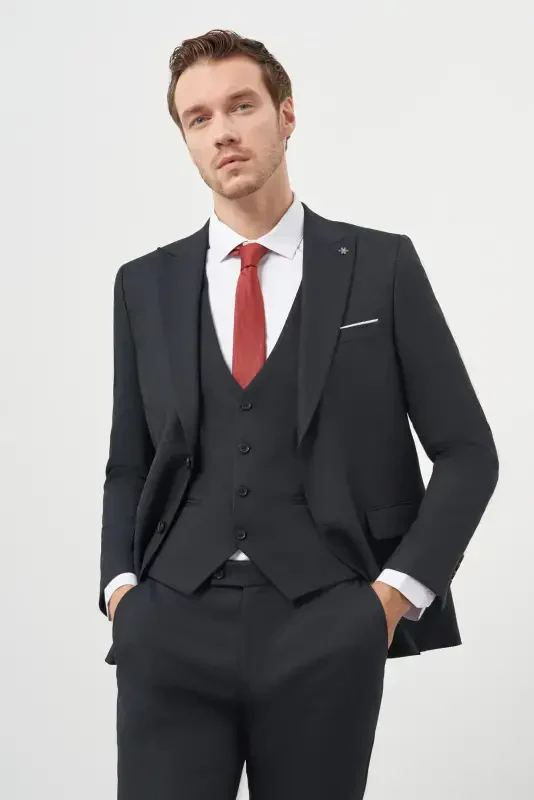 Modazone Men's Navy Blue Polyviscose Basic Vested Jacquard Pattern Slim Fit Pointed Collar Suit - 2