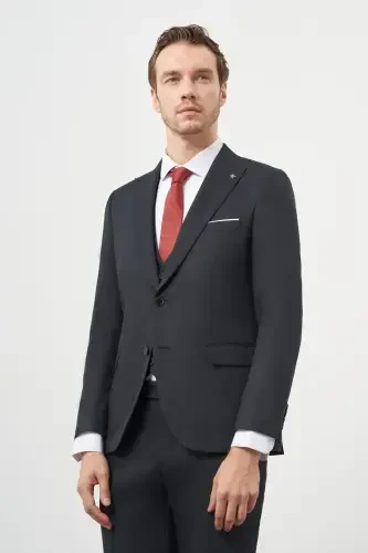 Modazone Men's Navy Blue Polyviscose Basic Vested Jacquard Pattern Slim Fit Pointed Collar Suit - 3