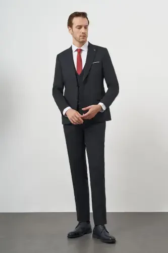 Modazone Men's Navy Blue Polyviscose Basic Vested Jacquard Pattern Slim Fit Pointed Collar Suit - 4