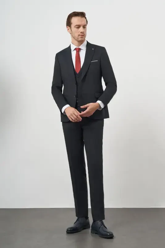 Modazone Men's Navy Blue Polyviscose Basic Vested Jacquard Pattern Slim Fit Pointed Collar Suit - 4