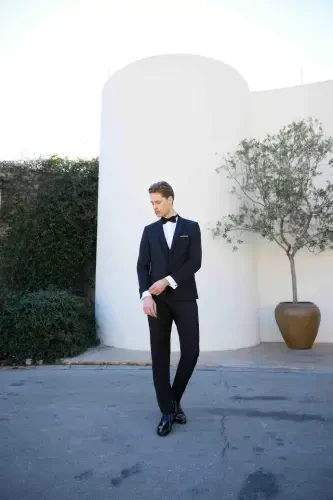 Modazone Men's Navy Blue Polyviscose Ceromonia Jacquard Pattern Slim Fit Shawl Lapel Groom Suit - 4