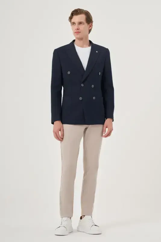 Modazone Men's Navy Blue Polyviscose Double Breasted Patterned Slim Fit Pointed Collar Jacket - 2