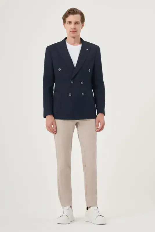 Modazone Men's Navy Blue Polyviscose Double Breasted Patterned Slim Fit Pointed Collar Jacket - 4