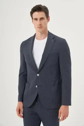 Modazone Men's Navy Blue Polyviscose Striped Slim Fit Notch Lapel Suit 