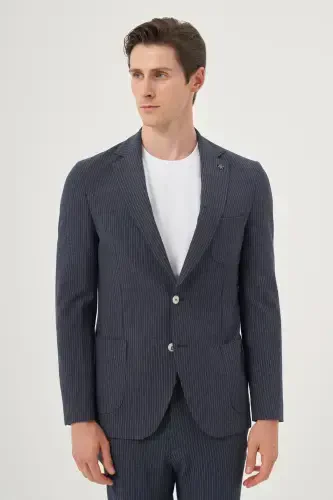 Modazone Men's Navy Blue Polyviscose Striped Slim Fit Notch Lapel Suit - MORVEN (1)