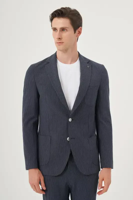 Modazone Men's Navy Blue Polyviscose Striped Slim Fit Notch Lapel Suit - 2