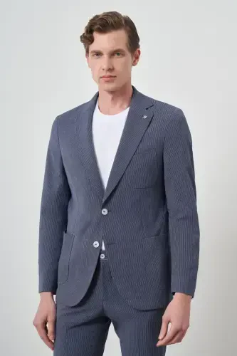 Modazone Men's Navy Blue Polyviscose Striped Slim Fit Notch Lapel Suit - 1