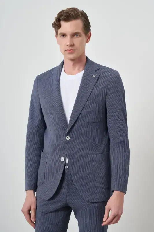 Modazone Men's Navy Blue Polyviscose Striped Slim Fit Notch Lapel Suit - 1