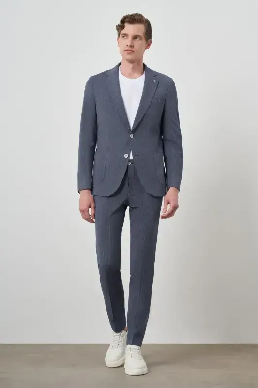 Modazone Men's Navy Blue Polyviscose Striped Slim Fit Notch Lapel Suit - 2