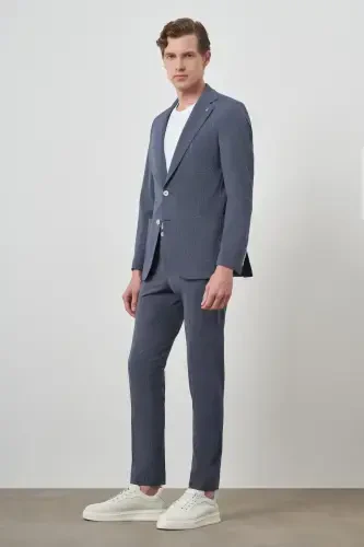 Modazone Men's Navy Blue Polyviscose Striped Slim Fit Notch Lapel Suit - 4