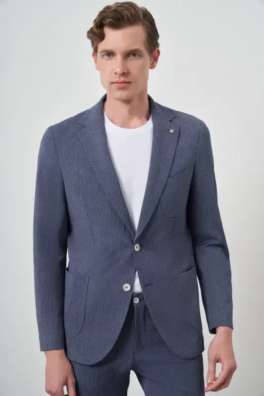 Modazone Men's Navy Blue Polyviscose Striped Slim Fit Notch Lapel Suit - 5