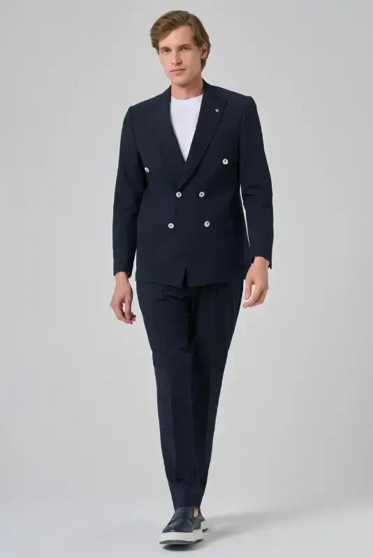 Modazone Men's Navy Blue Polyviscose Striped Sports Double Breasted Slim Fit Pointed Collar Suit - MORVEN