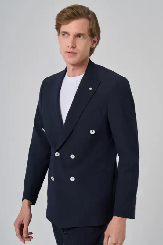 Modazone Men's Navy Blue Polyviscose Striped Sports Double Breasted Slim Fit Pointed Collar Suit - 2