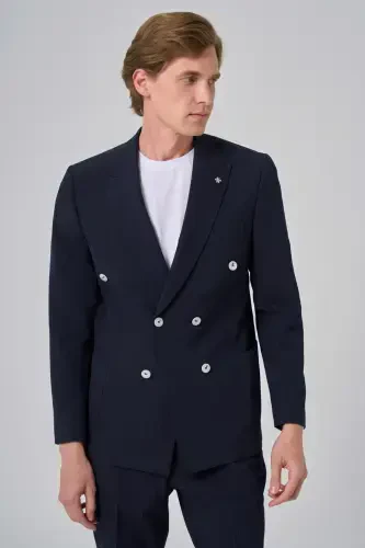 Modazone Men's Navy Blue Polyviscose Striped Sports Double Breasted Slim Fit Pointed Collar Suit - 3