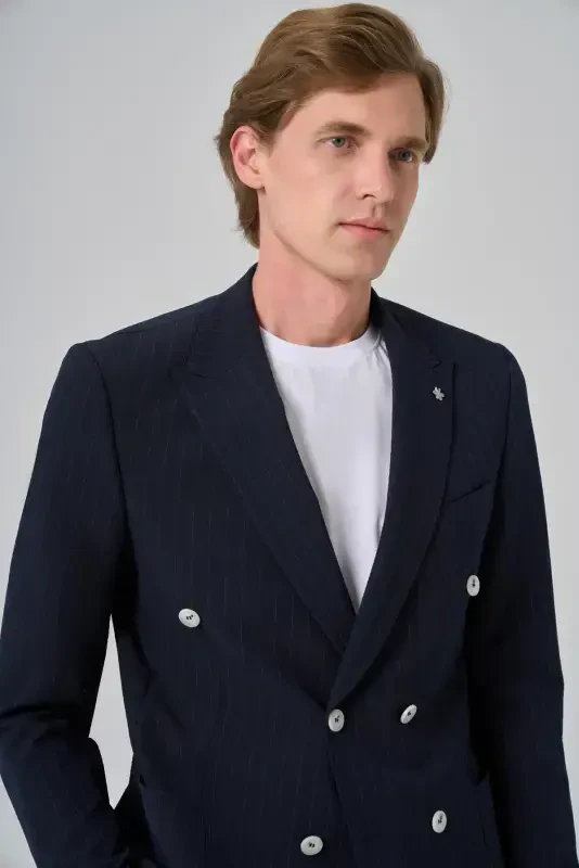 Modazone Men's Navy Blue Polyviscose Striped Sports Double Breasted Slim Fit Pointed Collar Suit - 4