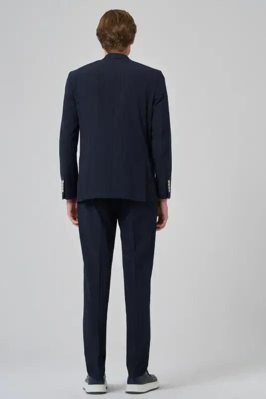 Modazone Men's Navy Blue Polyviscose Striped Sports Double Breasted Slim Fit Pointed Collar Suit - 5