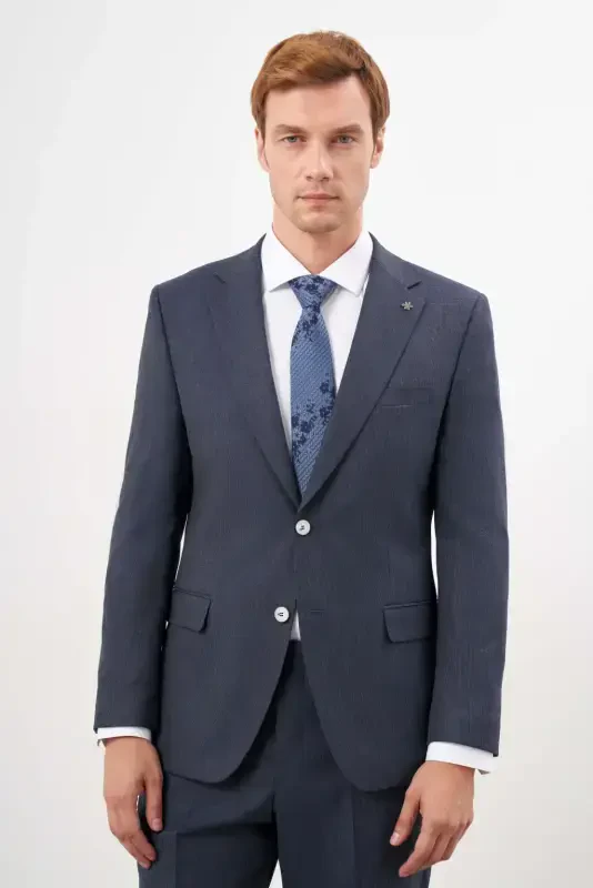 Modazone Men's Navy Blue Polyviscose Trend Plaid Dynamic Fit Mono Collar Suit - MORVEN