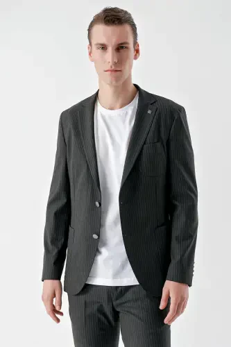 Modazone Men's Navy Blue Polyviscose Trend Striped Pattern Slim Fit Single Collar Suit - MORVEN (1)