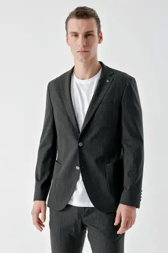 Modazone Men's Navy Blue Polyviscose Trend Striped Pattern Slim Fit Single Collar Suit - 4