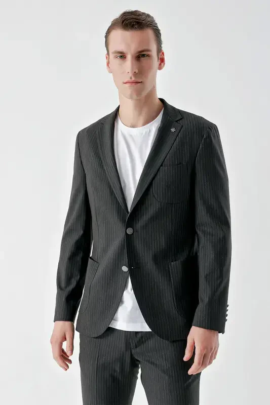 Modazone Men's Navy Blue Polyviscose Trend Striped Pattern Slim Fit Single Collar Suit - 4