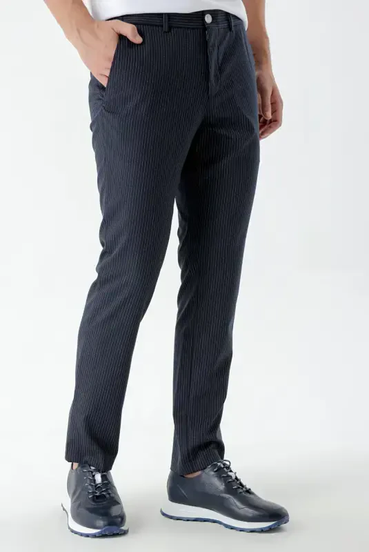 Modazone Men's Navy Blue Polyviscose Trend Striped Slim Fit Classic Pants - 5