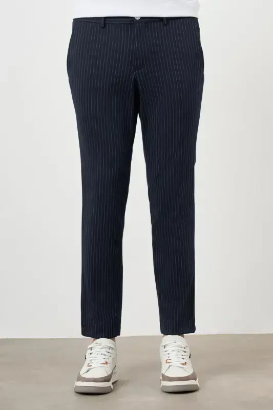 Modazone Men's Navy Blue Polyviscose Trend Striped Slim Fit Knitted Sports Trousers - MORVEN