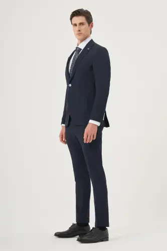 Modazone Men's Navy Blue Polyviscose Trend Striped Slim Fit Single Button Suit - MORVEN (1)