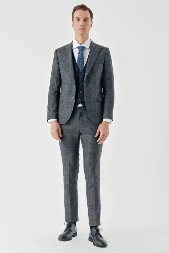 Modazone Men's Navy Blue Polyviscose Trend Vest Combination Pointed Collar Suit - 1