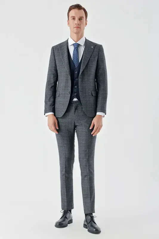 Modazone Men's Navy Blue Polyviscose Trend Vest Combination Pointed Collar Suit - 1