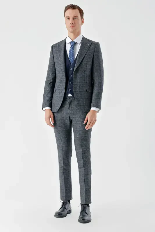 Modazone Men's Navy Blue Polyviscose Trend Vest Combination Pointed Collar Suit - 2