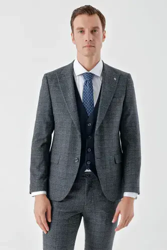 Modazone Men's Navy Blue Polyviscose Trend Vest Combination Pointed Collar Suit - 3