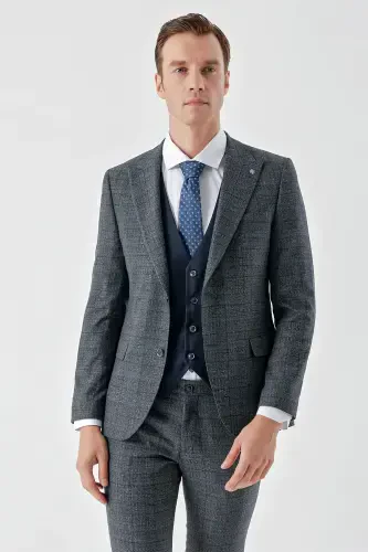 Modazone Men's Navy Blue Polyviscose Trend Vest Combination Pointed Collar Suit - 4