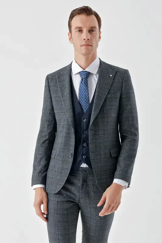 Modazone Men's Navy Blue Polyviscose Trend Vest Combination Pointed Collar Suit - 4