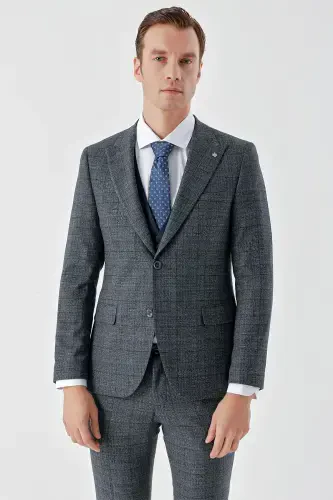 Modazone Men's Navy Blue Polyviscose Trend Vest Combination Pointed Collar Suit - 5