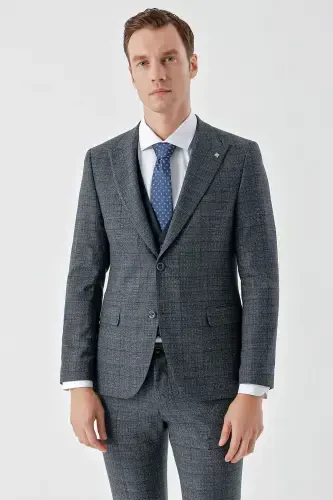 Modazone Men's Navy Blue Polyviscose Trend Vest Combination Pointed Collar Suit - 6