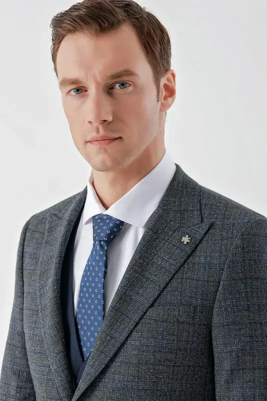 Modazone Men's Navy Blue Polyviscose Trend Vest Combination Pointed Collar Suit - 7