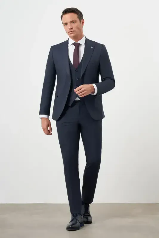 Modazone Men's Navy Blue Polyviscose Trend Vest Striped Pattern Slim Fit Pointed Collar Suit - 1