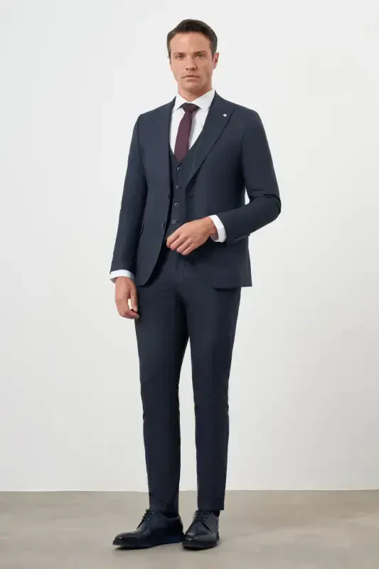 Modazone Men's Navy Blue Polyviscose Trend Vest Striped Pattern Slim Fit Pointed Collar Suit - 2