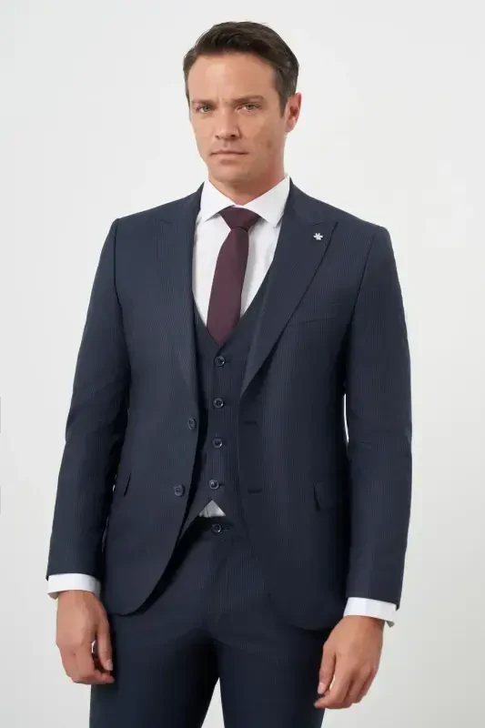 Modazone Men's Navy Blue Polyviscose Trend Vest Striped Pattern Slim Fit Pointed Collar Suit - 4