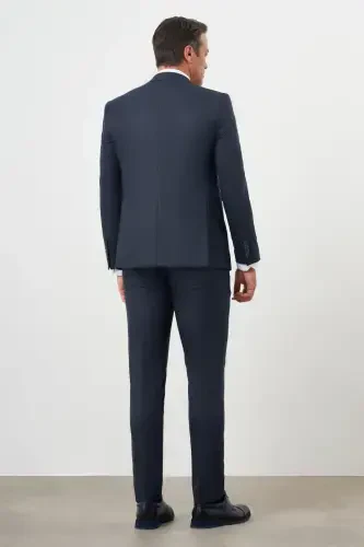 Modazone Men's Navy Blue Polyviscose Trend Vest Striped Pattern Slim Fit Pointed Collar Suit - 5