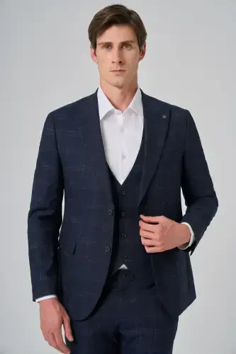 Modazone Men's Navy Blue Polyviscose Trending Vest Plaid Slim Fit Pointed Collar Suit - 3