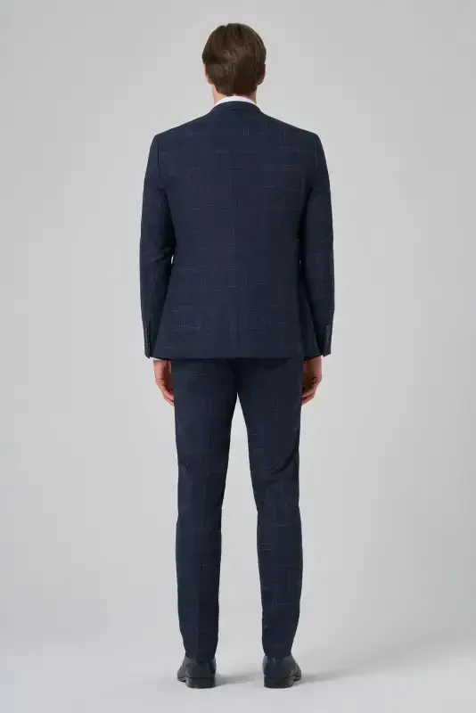 Modazone Men's Navy Blue Polyviscose Trending Vest Plaid Slim Fit Pointed Collar Suit - 5