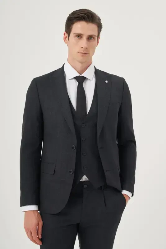 Modazone Men's Navy Blue Polyviscose Trendy Patterned Slim Fit Pointed Collar Vest Suit - 1