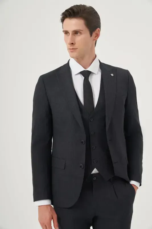 Modazone Men's Navy Blue Polyviscose Trendy Patterned Slim Fit Pointed Collar Vest Suit - 2