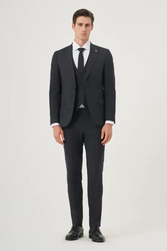 Modazone Men's Navy Blue Polyviscose Trendy Patterned Slim Fit Pointed Collar Vest Suit - 5