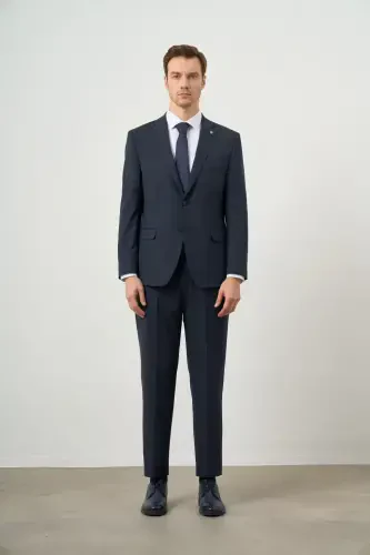 Modazone Men's Navy Blue Polyviscose Trendy Plaid Dynamic Fit Mono Collar Suit - 1