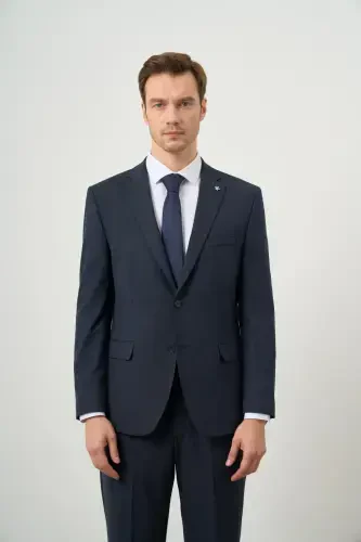 Modazone Men's Navy Blue Polyviscose Trendy Plaid Dynamic Fit Mono Collar Suit - 3